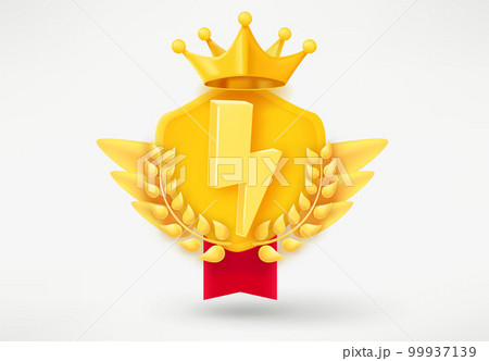 Golden game rank emblem with shield, thunderbolt and wreath. Game achievement 3d badge isolated on white background Golden game rank emblem with shield, thunderbolt and wreath. Game achievement 3d badge isolated on white background 99937139
