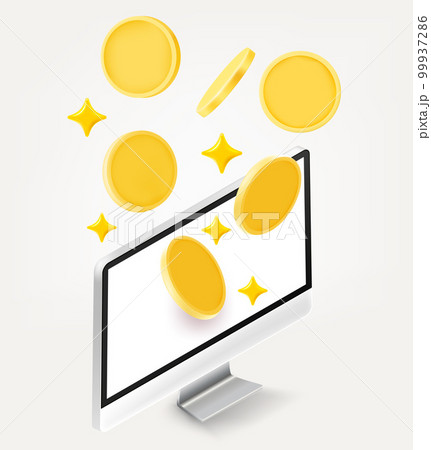 Modern computer with golden coins. 3d vector illustration isolated on white background 99937286