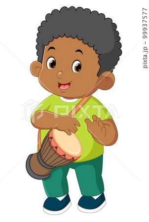 a cute african boy learns to play the bongo instrument 99937577