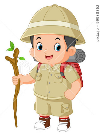 an adventurous boy walks with a backpack and a wooden stick an adventurous boy walks with a backpack and a wooden stick 99938362