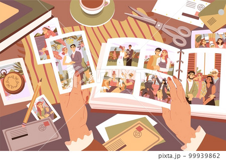 Memory photo album. Family photographs. Nostalgia book. History in pictures. Vintage woman remember. Female arms hold graduation and couple snapshots. Desk top view. Vector cartoon exact illustration 99939862