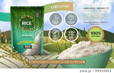3D white basmati rice. Full paddy bowl. Healthy fresh cooked harvest in hand bag. Local farmers field. Microwave food. Natural cereal crop. Advertising banner design. Vector exact landscape background 99939863