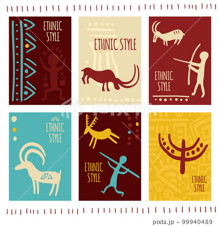 Set of vertical gift tag, badge, sticker with prehistoric rock painting petroglyphs, human and animal. Card with Palaeolithic Petroglyph with hunting scene for decoration, invitation 99940489