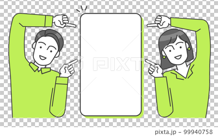 商務人士（男性和女性）雙手指向水平板的矢量插圖 99940758