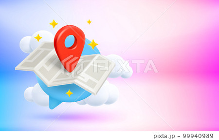 Red navigation pin on paper map. Travel concept. 3d vector banner with copy space Red navigation pin on paper map. Travel concept. 3d vector banner with copy space 99940989