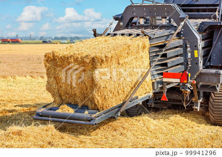 A fragment of an agricultural tractor forming bales of straw against the background of a field. 99941296