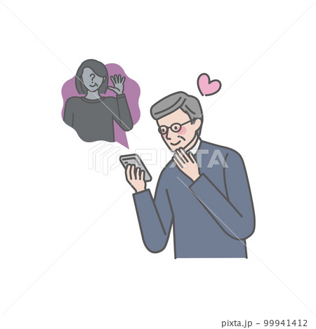 見知らぬ女性とSNSで連絡を取り合うシニア男性 99941412