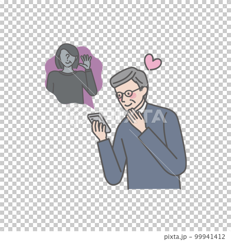見知らぬ女性とSNSで連絡を取り合うシニア男性 99941412