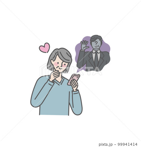 見知らぬ男性とSNSで連絡を取り合うシニア女性 99941414