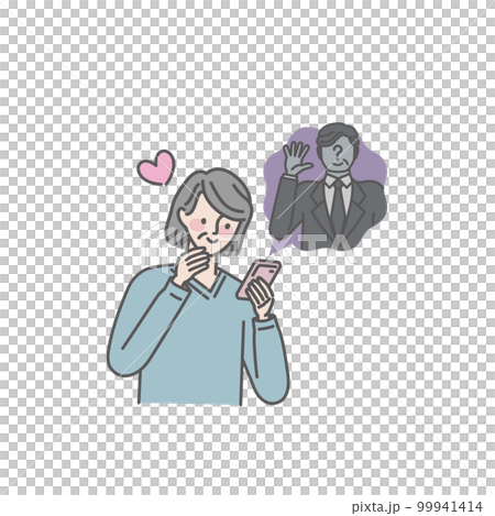 見知らぬ男性とSNSで連絡を取り合うシニア女性 99941414