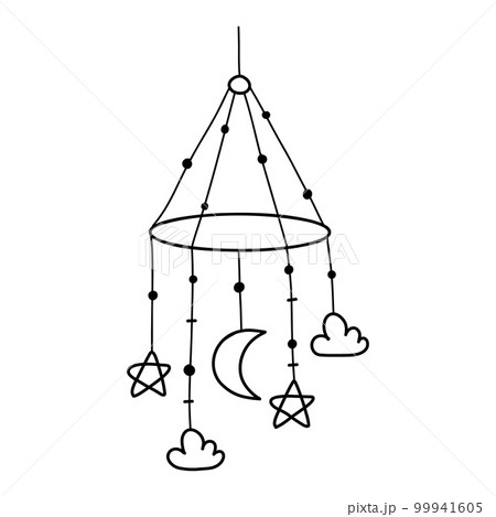 Baby toy mobile. Vector illustration. Doodle style. Linear hanging children toy. Baby toy mobile. Vector illustration. Doodle style. Linear hanging children toy. 99941605