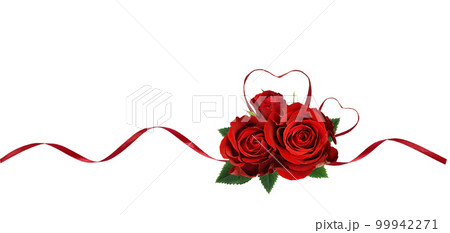 Red silk ribbon hearts and waves with rose flowers isolated on white background for Valentine's day Red silk ribbon hearts and waves with rose flowers isolated on white background for Valentine's day 99942271
