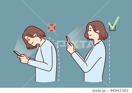 Girl with mobile phone demonstrates correct and incorrect posture while using applications Girl with mobile phone demonstrates correct and incorrect posture while using applications 99942302