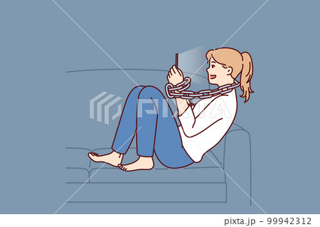 Young positive woman addicted to mobile phone sitting on sofa with chain around neck Young positive woman addicted to mobile phone sitting on sofa with chain around neck 99942312