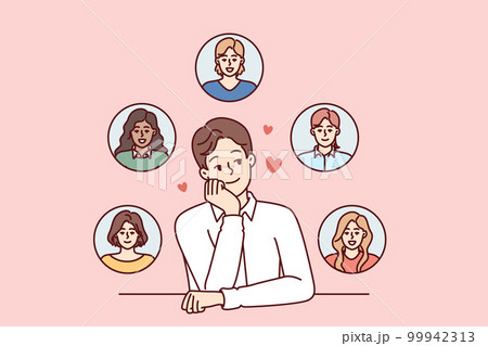 Young monogamous man thinks about girls while choosing which fan to invite on romantic date Young monogamous man thinks about girls while choosing which fan to invite on romantic date 99942313