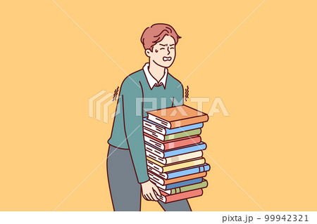 Exhausted man carries large stack of books suffering from overload while preparing for exams 99942321