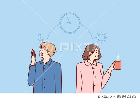 Man and woman experience problems and feel excessive fatigue in early morning or insomnia in evening Man and woman experience problems and feel excessive fatigue in early morning or insomnia in evening 99942335