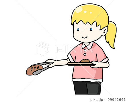 トレーをもってトングでパンを掴む白人女性のイラスト トレーをもってトングでパンを掴む白人女性のイラスト 99942641