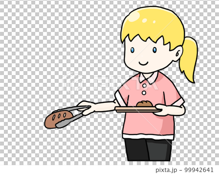 トレーをもってトングでパンを掴む白人女性のイラスト トレーをもってトングでパンを掴む白人女性のイラスト 99942641