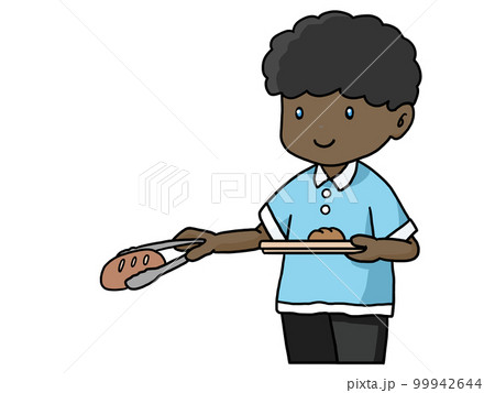 トレーをもってトングでパンを掴む黒人男性のイラスト 99942644