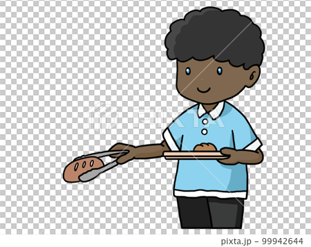 トレーをもってトングでパンを掴む黒人男性のイラスト 99942644