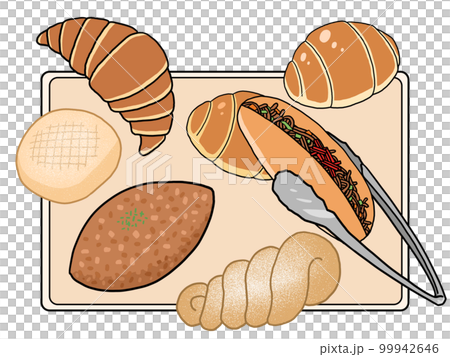 托盤、鉗子和麵包的插圖 99942646