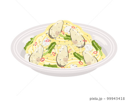 皿に盛り付けられた、牡蠣のパスタのイラスト 99943418