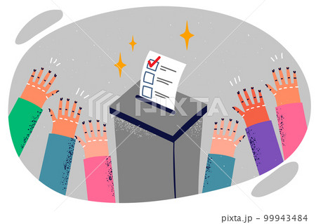 People hands near ballot box for vote and ballot with tick for political party candidate People hands near ballot box for vote and ballot with tick for political party candidate 99943484