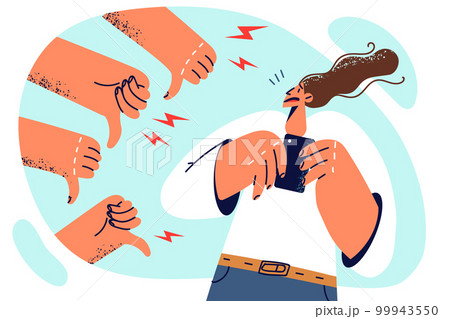 Woman blogger with phone near hands doing same thumbs down for concept cyberbullying 99943550