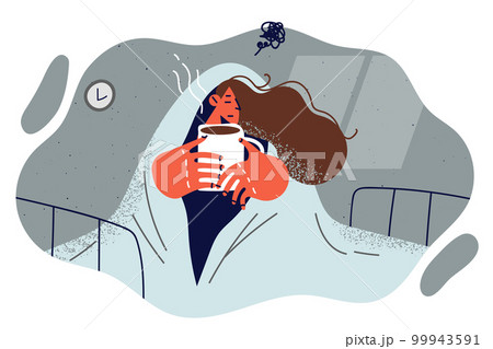 Woman suffering from melancholy sits on bed wrapped in blanket and drinks hot coffee Woman suffering from melancholy sits on bed wrapped in blanket and drinks hot coffee 99943591