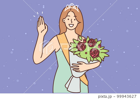 Woman beauty queen with gift bouquet of flowers waving hand thanking judge and audience 99943627