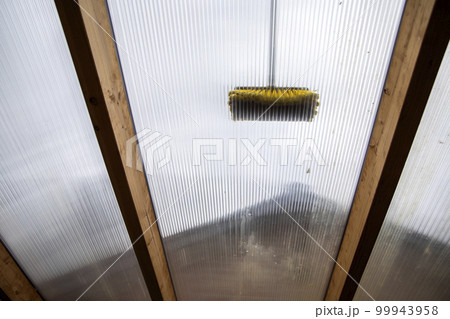 Washing the patio pergola roof cover made of aluminum. removing the dirty algae with brush soap and water close up in garden from a house terrace Washing the patio pergola roof cover made of aluminum. removing the dirty algae with brush soap and water close up in garden from a house terrace 99943958