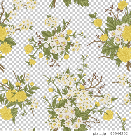 Floral seamless pattern with bouquets of yellow and white flowers. Botanical illustration. Blooming Japanese kerria, hawthorn, cherry. Isolated on transparent background. 99944292