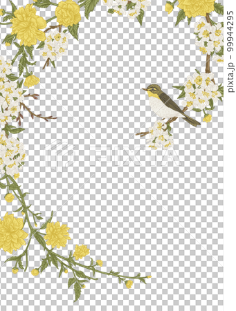 Card with branches and a bird isolated on transparent background. Garland with spring cherry and kerria flowers. Vintage wreath. Easter. Botanical illustration. Colorful. 99944295