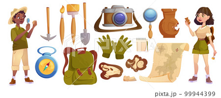 Cartoon archaeologists exploring artifacts with excavation tools 99944399