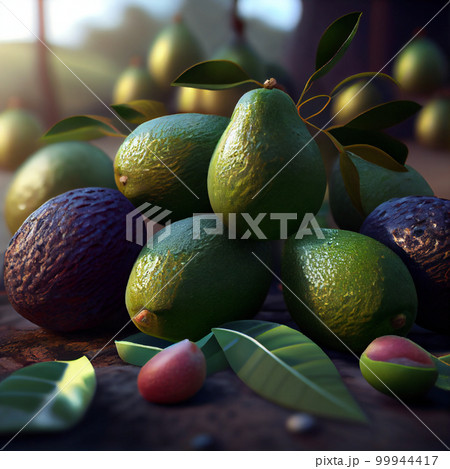 Composition with differents avocados piled . Illustration 99944417