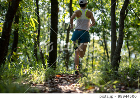 Fitness woman trail runner running in summer forest trail 99944500
