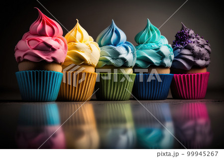 Rainbow colorful cupcakes. Illustration AI Generative 99945267