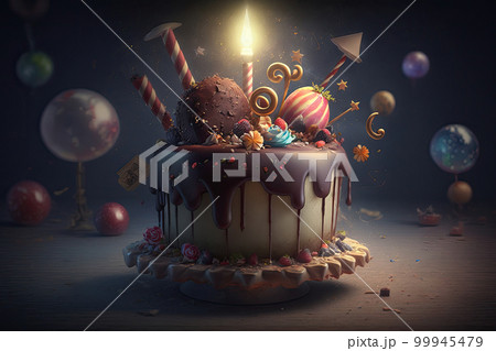 Colorful festive delicious Birthday cake. Illustration AI Generative Colorful festive delicious Birthday cake. Illustration AI Generative 99945479