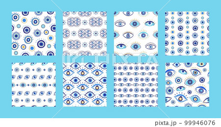 Evil eye pattern. Magic amulet, mystic malevolent glare and spiritual eyes seamless vector background illustration set Evil eye pattern. Magic amulet, mystic malevolent glare and spiritual eyes seamless vector background illustration set 99946076
