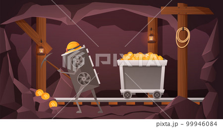 GPU Crypto mining. Graphic card miner worker character mining bitcoins, digital currency in mine cartoon vector Illustration 99946084
