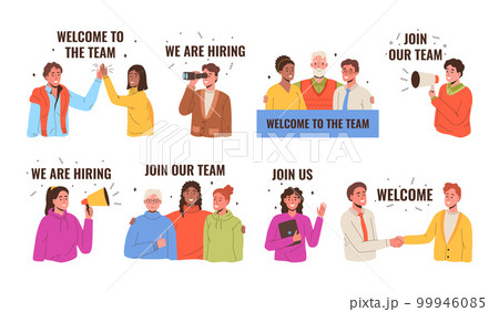 Join our team banners. Welcome to team, we are hiring and join us. Headhunting and human resource research vector illustrations set 99946085