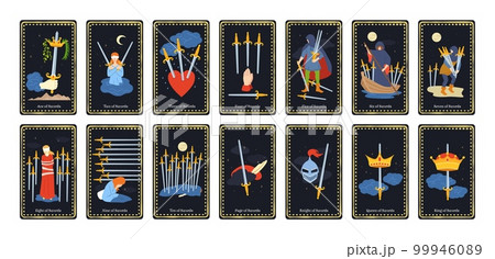 Minor arcana swords tarot cards. Occult king, queen, knight, page and ace of swords esoteric card deck for prediction vector illustrations 99946089