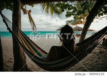 Woman relax in hammock on summer beach. Illustration AI Generative 99946150