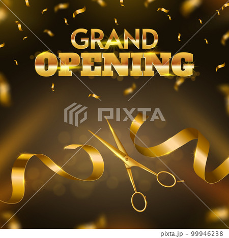 Grand opening ribbon cutting ceremony. Golden scissors cut ribbon, launching of new business luxury celebration event vector banner illustration Grand opening ribbon cutting ceremony. Golden scissors cut ribbon, launching of new business luxury celebration event vector banner illustration 99946238