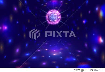 Disco ball rays. Dance floor room with mirror ball reflections, night club stage lights and party vector background illustration Disco ball rays. Dance floor room with mirror ball reflections, night club stage lights and party vector background illustration 99946268