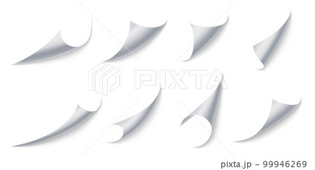 Curled paper corners. Page 3D bent with realistic shadow, curling stickers or document border effect vector set 99946269