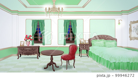 洋館の部屋ミント 夜 背景イラスト素材 漫画・アニメ・ゲーム・VTuber配信用 差分有 99946272