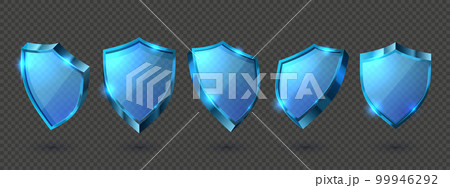 Glass shields. Invisible protection, transparent guard shield and crystal clear security or privacy award realistic 3D vector set Glass shields. Invisible protection, transparent guard shield and crystal clear security or privacy award realistic 3D vector set 99946292