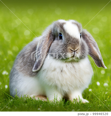 Sedate easter american fuzzy lop rabbit portrait full body in green field Sedate easter american fuzzy lop rabbit portrait full body in green field 99946520